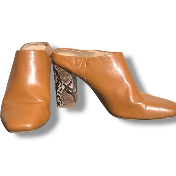 a new day Backless Brown High Heel Slip On Leather Mules with Snakeskin Heel - Picture 1 of 6